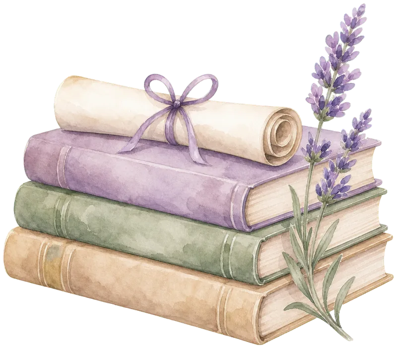 Стопка книг с дипломом и лавандой